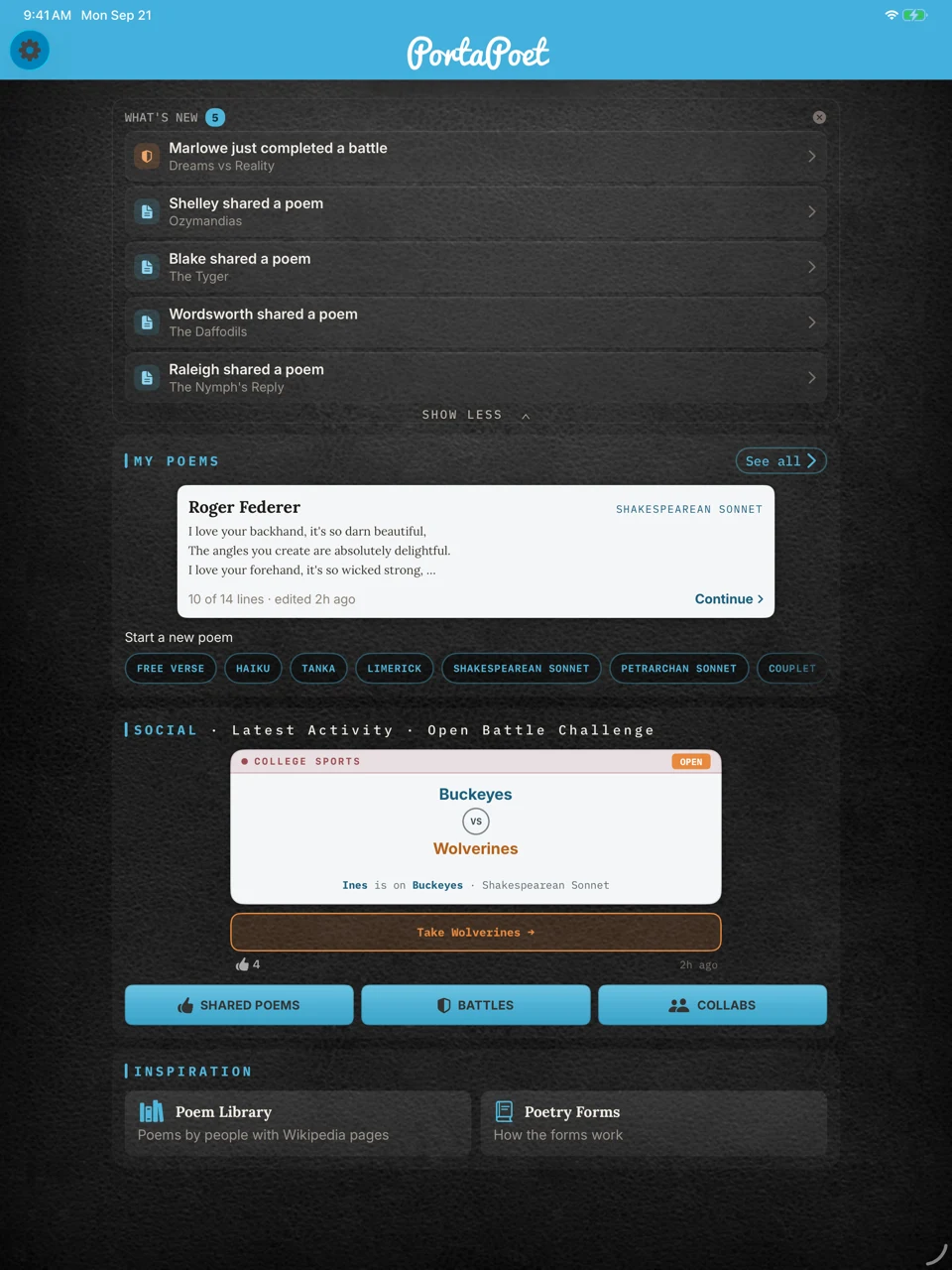 The PortaPoet home screen on iPad