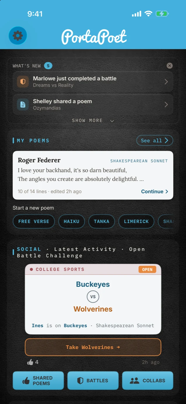 The PortaPoet home screen on iPhone